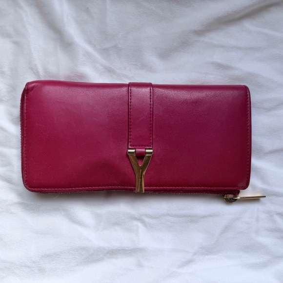 Yves Saint Laurent YSL Y-Line Red Leather Zip Wallet Gold Y Logo - Picture 1 of 16